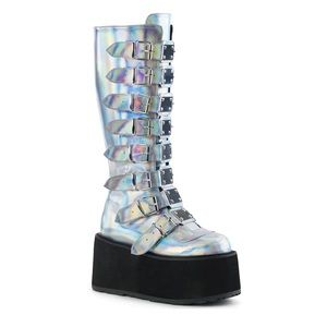 DEMONIA Silver Hologram Knee High Platform Boots
